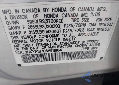 2006 Honda Pilot Ex-L из США, поврежденный, VIN 2HKYF18706H511664